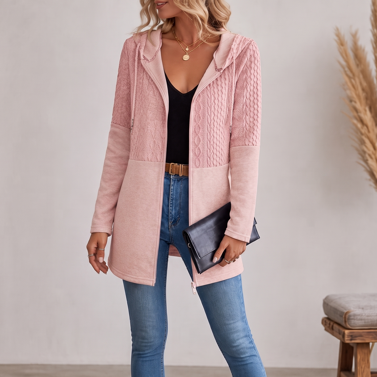 Wearbella Cable Knit Zip-Up Hoodie - Women's Longline