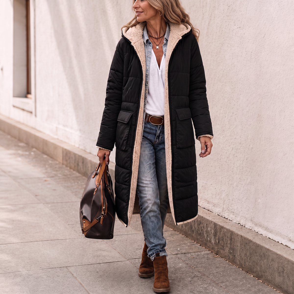 Veluna Reversible Quilted Coat - Sherpa-Look Women's Coat
