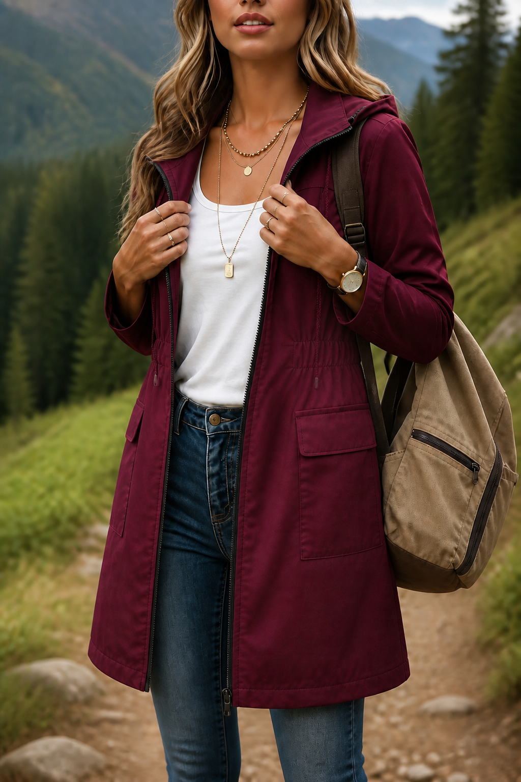 Rainette Hooded Rain Jacket - Drawstring Waist Women's Mac
