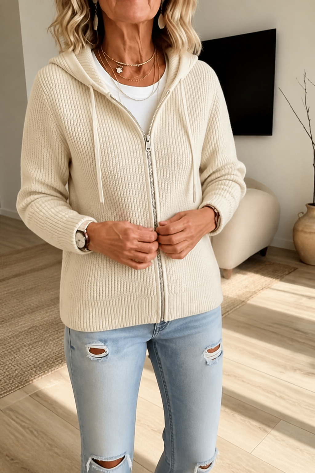 Stripevie - Ribbed Stretch-Knit Zip-Up Women's Cardigan