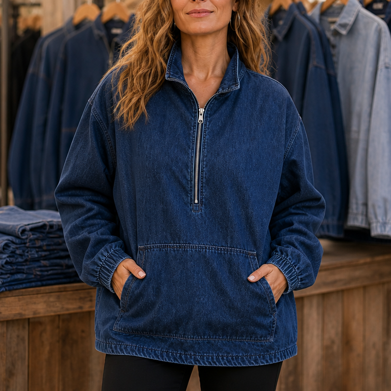 Half-Zip Haven Pullover - Washed Denim-Look Women's Top