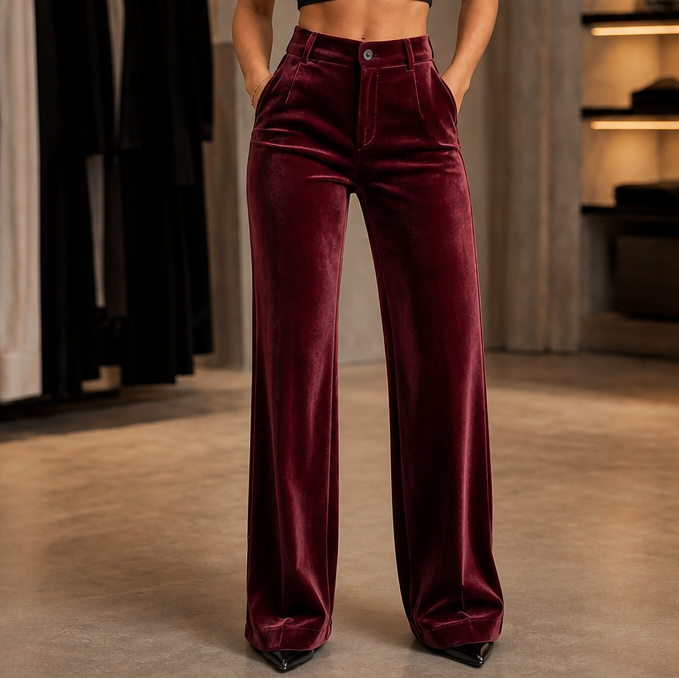 Velvenna Velvet Trousers - Women's High Waist Wide Leg