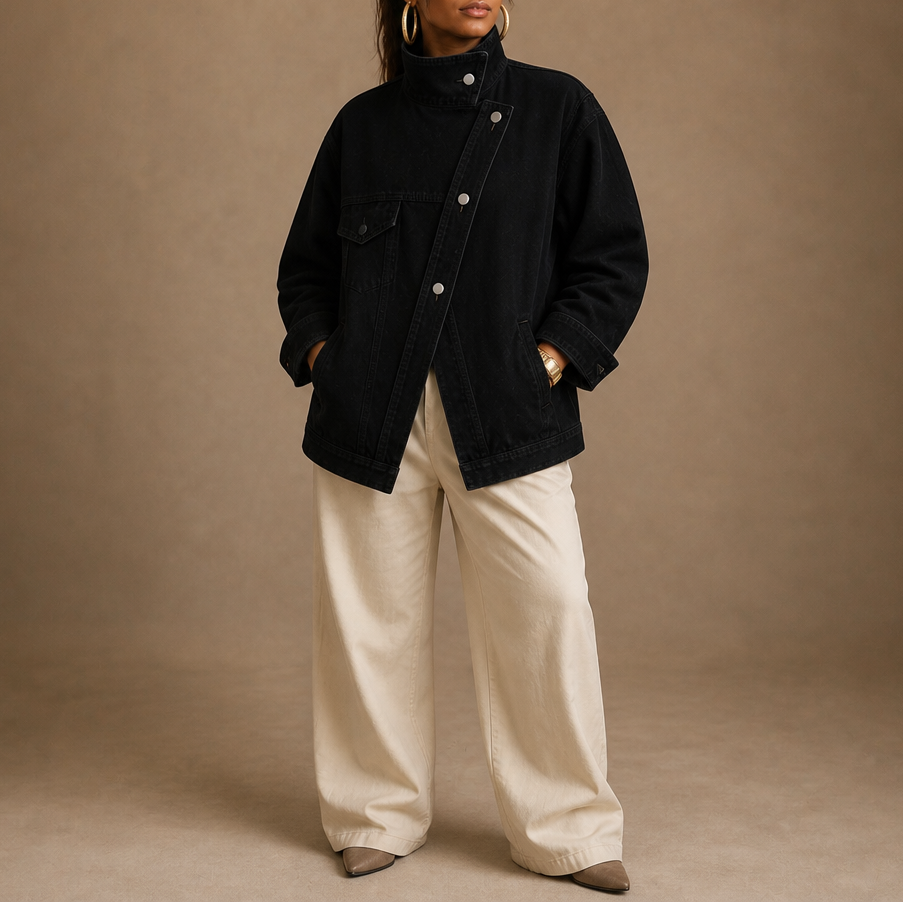 Veluna Asymmetric Denim Jacket - Women's Oversized Jacket