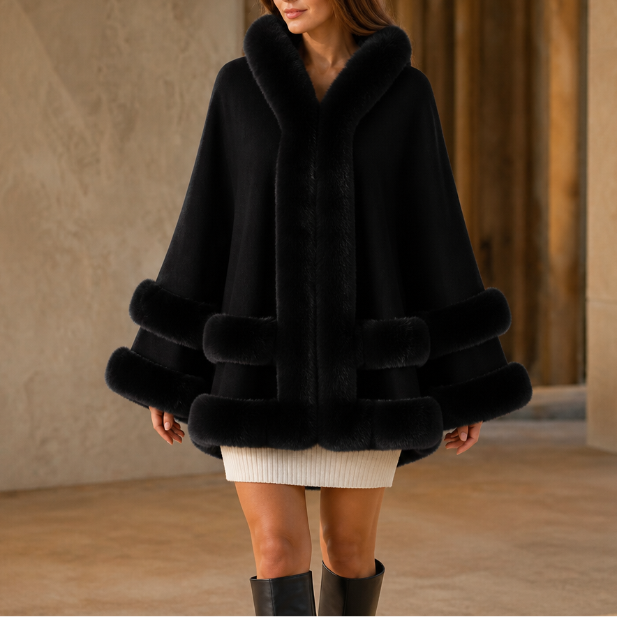 Wearbella Faux Fur Trim Cape Coat - Women's Hooded Knit
