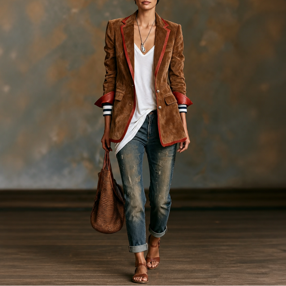 Velvara Velvet Blazer - Contrast Trim Women's Party Jacket
