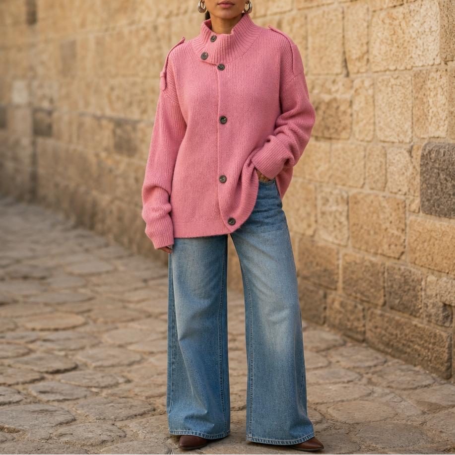 Diavelle High-Collar Cardigan - Diagonal Button Women's