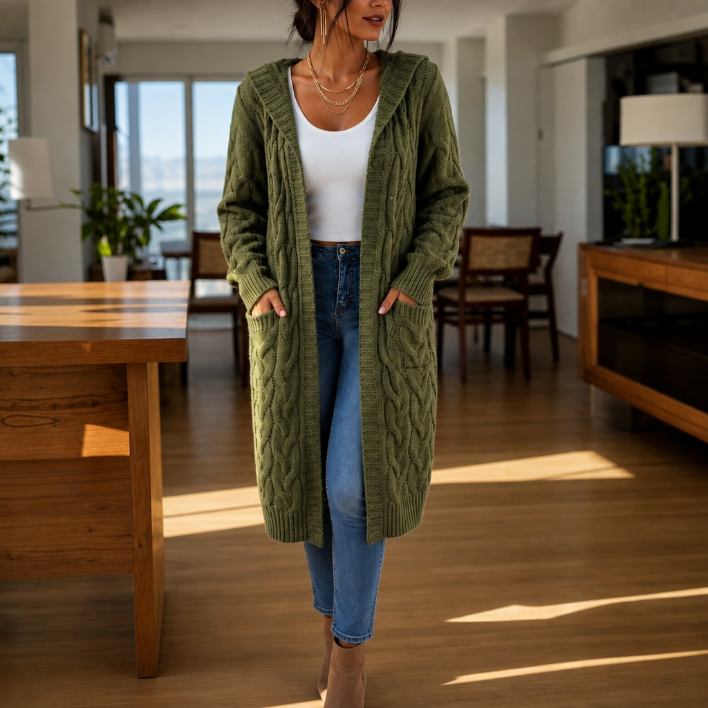 Wrapetta Cable Knit Cardigan - Women's Longline Hooded Knit
