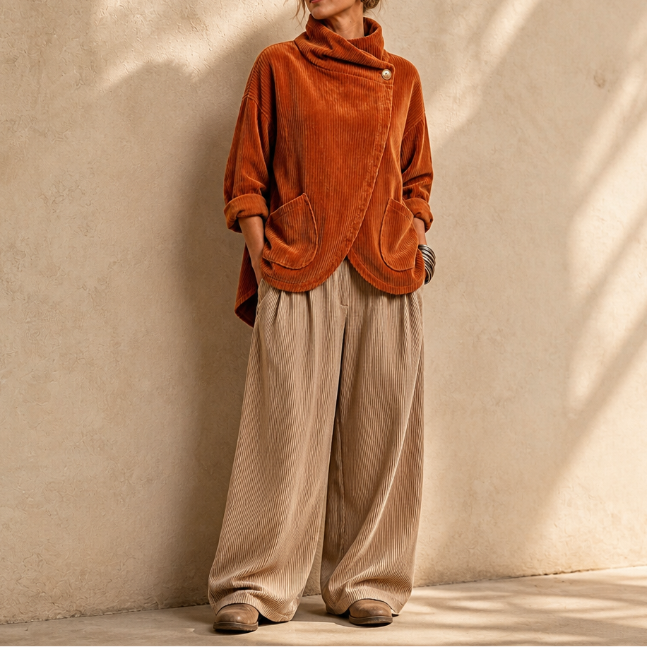 Draperly Corduroy Poncho - Hooded Women's Asymmetric Top