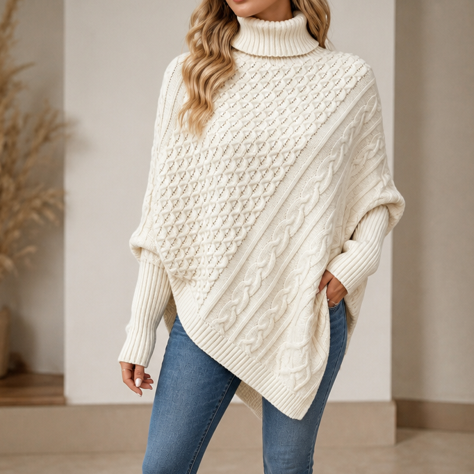 Cable & Cove Poncho Jumper - Women's Cable Knit Roll Neck
