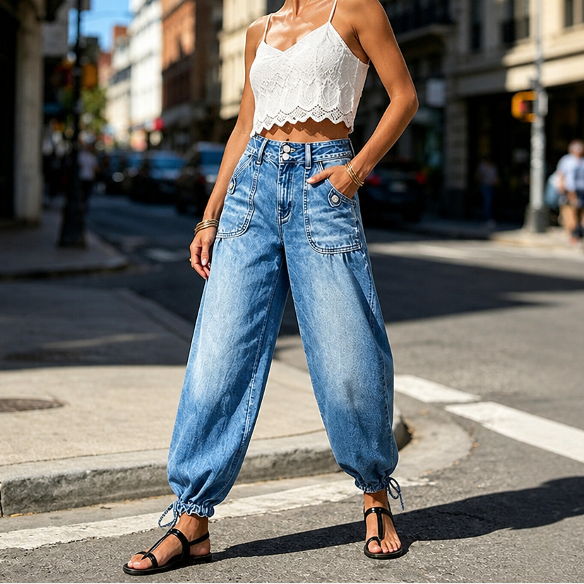 Barrelette Barrel Jeans - Tie Hem High Waist Women's Jeans