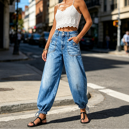 Barrelette Barrel Jeans - Tie Hem High Waist Women's Jeans