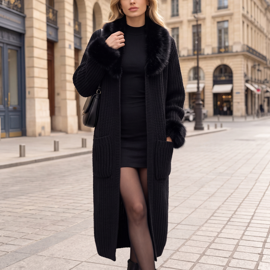 Sailorelle Long Knit Cardigan - Fur Collar Women's Cardigan