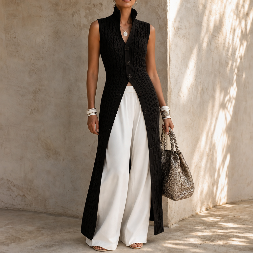 Elara Knit Longline Waistcoat - Cable-Knit Look Women's