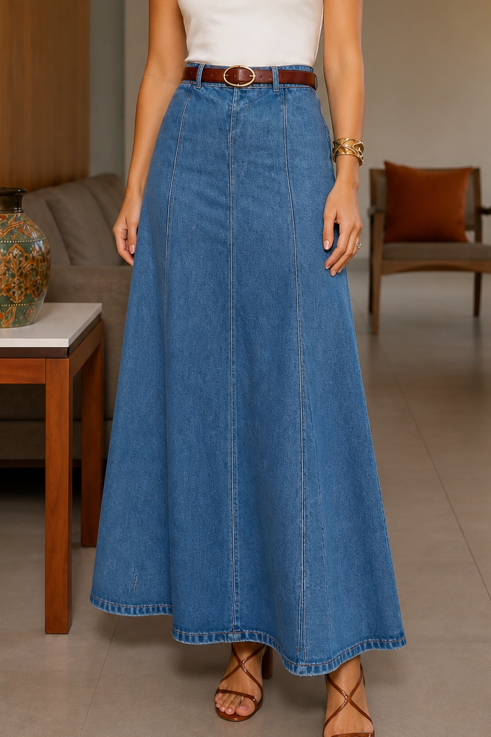 Wearbella Denim Maxi Skirt - Women's High Waist A-Line