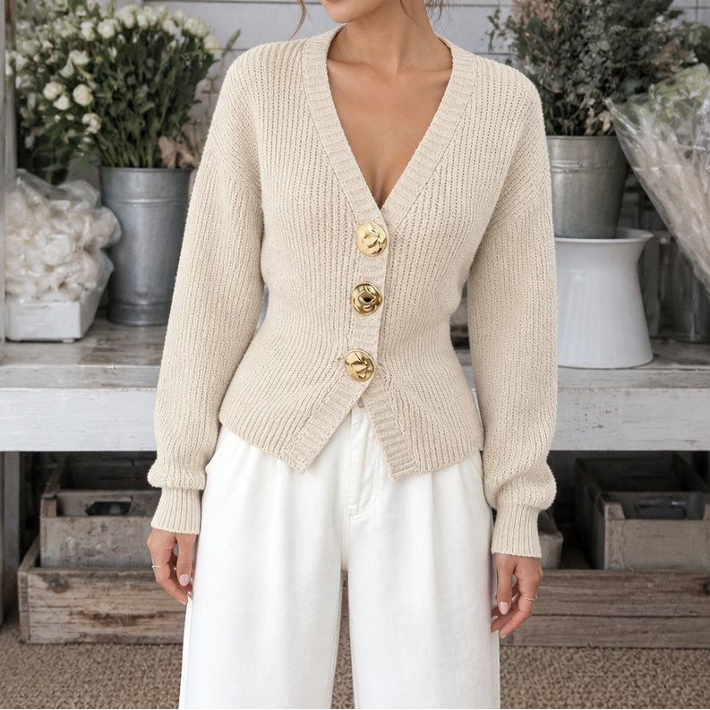 Veloura V-Neck Knit Cardigan - Metal Button Women's Knit