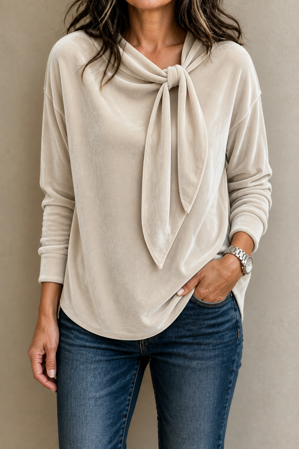 Tievelle - Velvet Tie-Neck Relaxed Women's Blouse