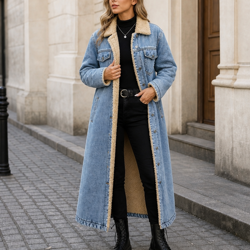 Denora Sherpa Lined Denim Coat - Women's Long Denim Coat