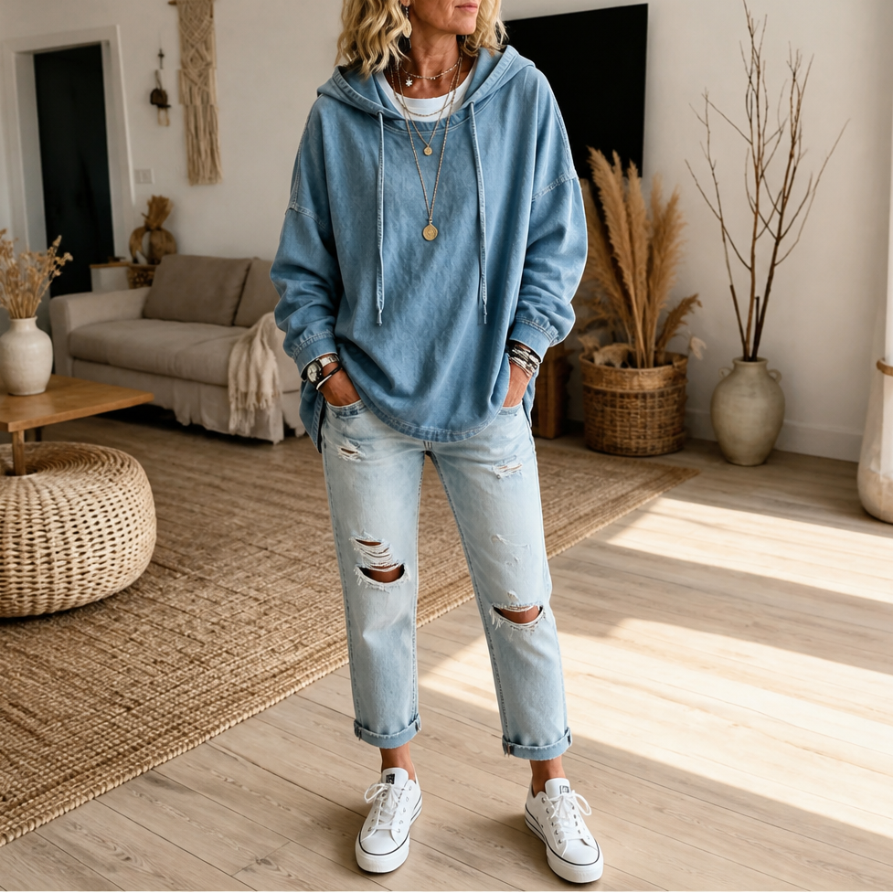 Denimelle Denim-Look Hoodie - Relaxed Women's Hooded Top