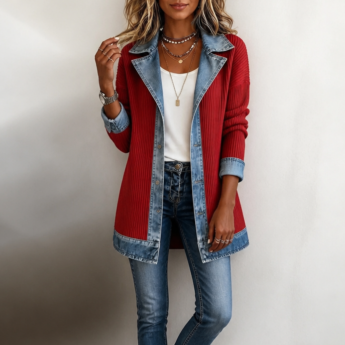 Ribova Ribbed Knit Coat - Women's Denim Panel Long Cardigan