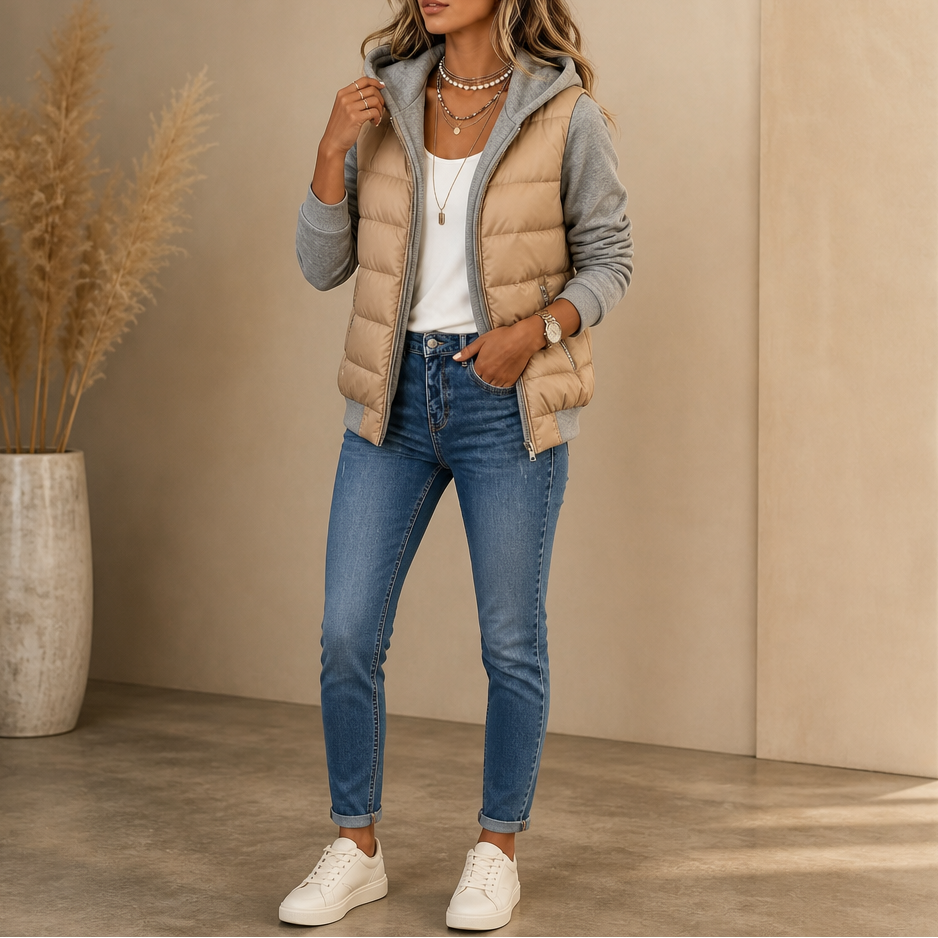 Coeza Quilted Puffer Jacket - Women's Knit Sleeve Hoodie