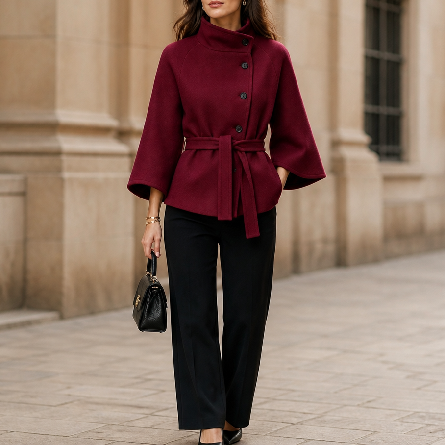 Velora Belted High-Neck Jacket - Asymmetric Women's Jacket