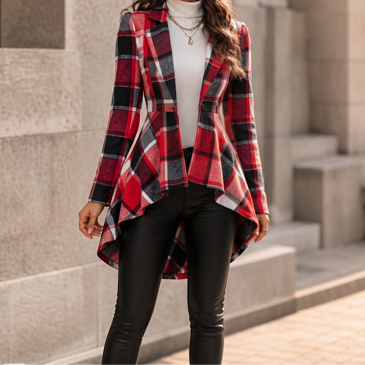 Cinchella Plaid Peplum Coat - Women's High Low Waist Coat