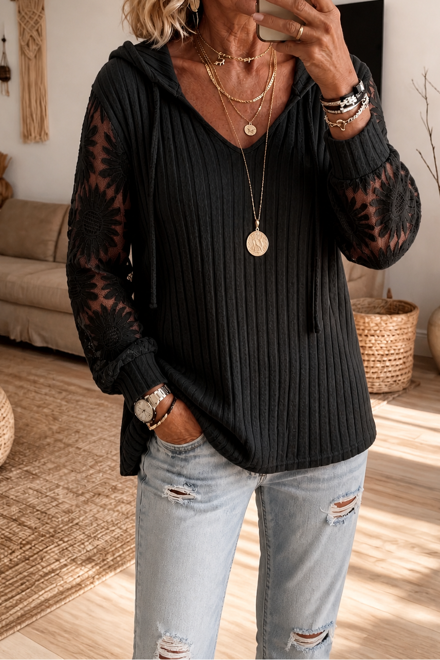 Lunetta Lace Sleeve Hoodie - Women's Knit Cardigan
