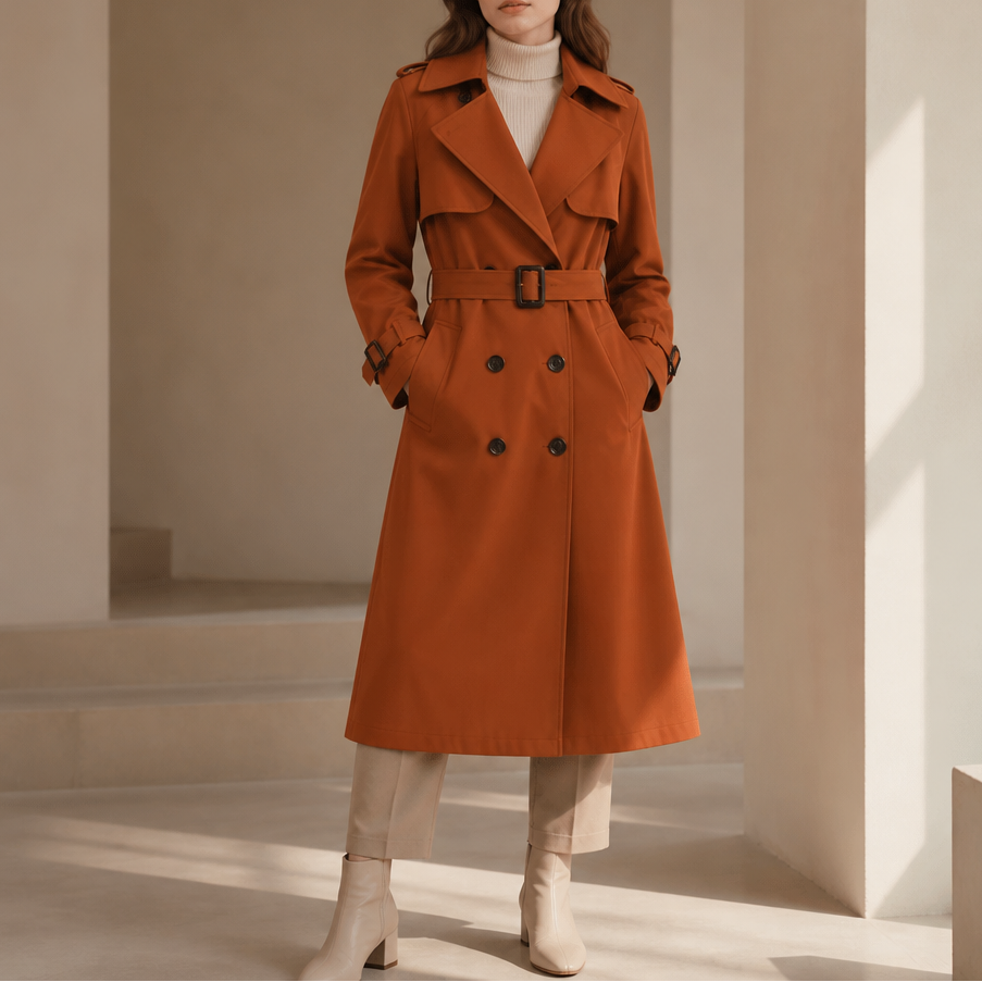 Winterly Belted Trench Coat - Women's Mid-Length Coat