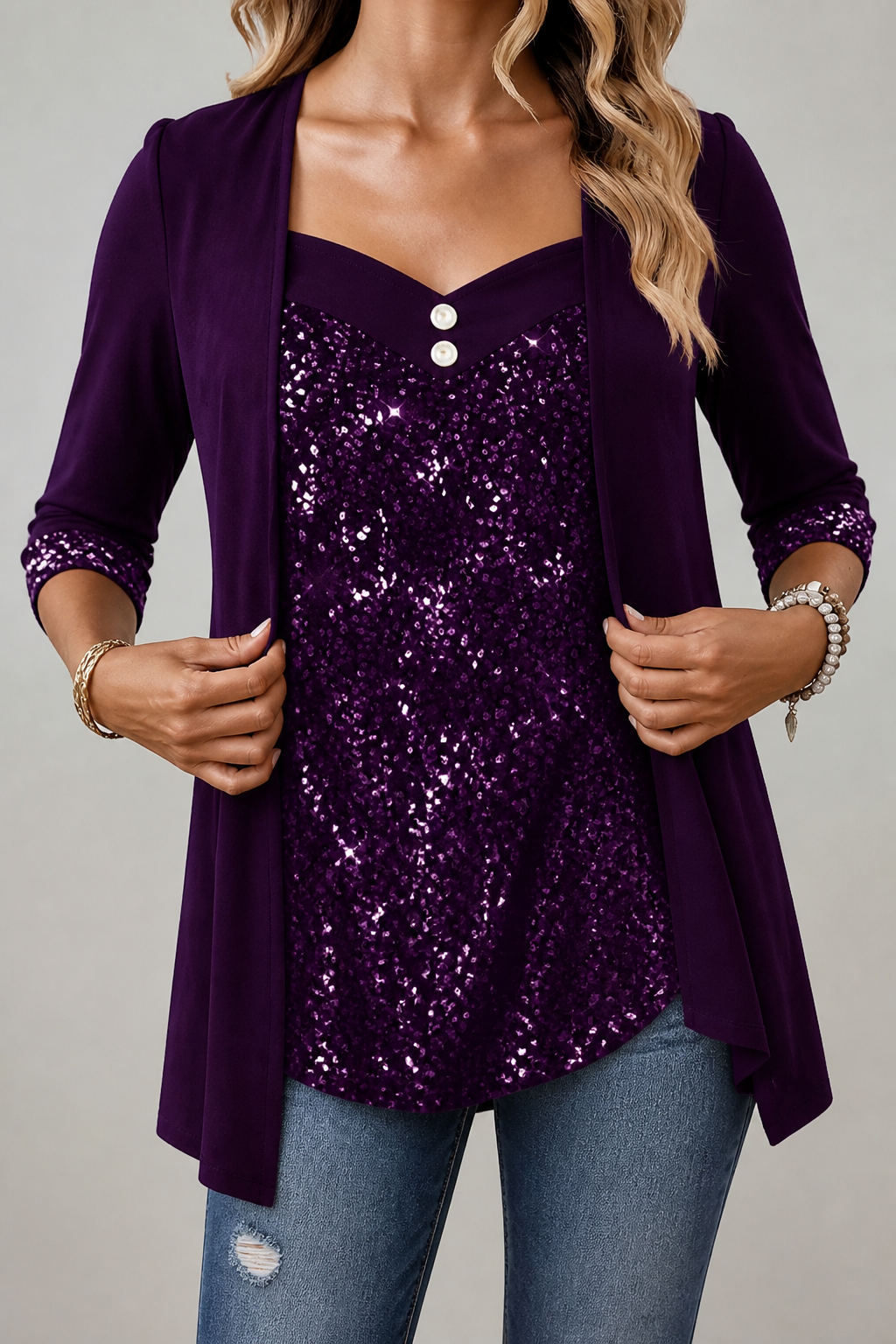 Veluxe Duo Sequin Top - Women's Mock Layer Evening Top