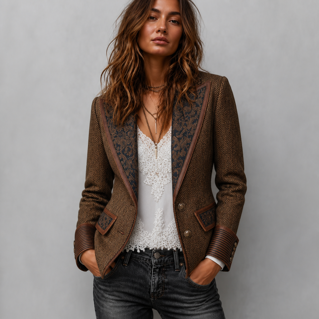 Herrive Herringbone Blazer - Women's Contrast Trim Blazer