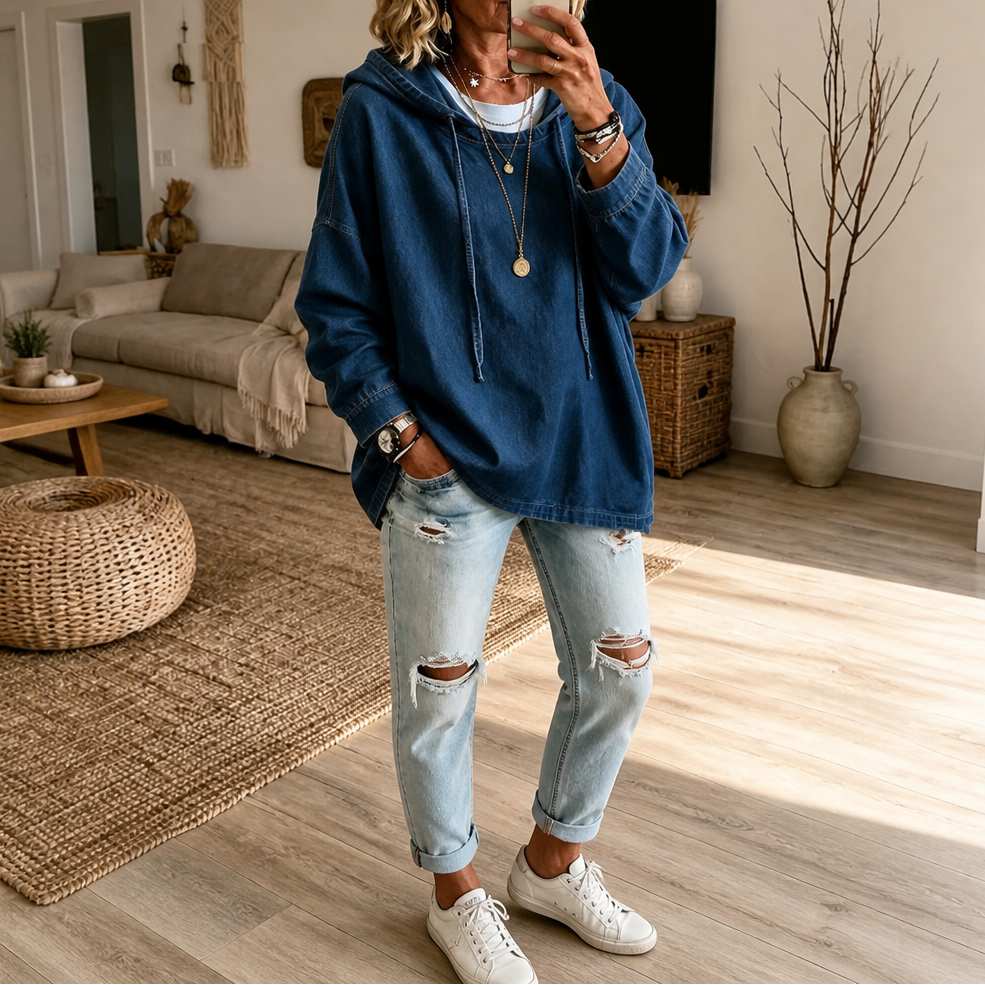 Denimelle Denim-Look Hoodie - Relaxed Women's Hooded Top