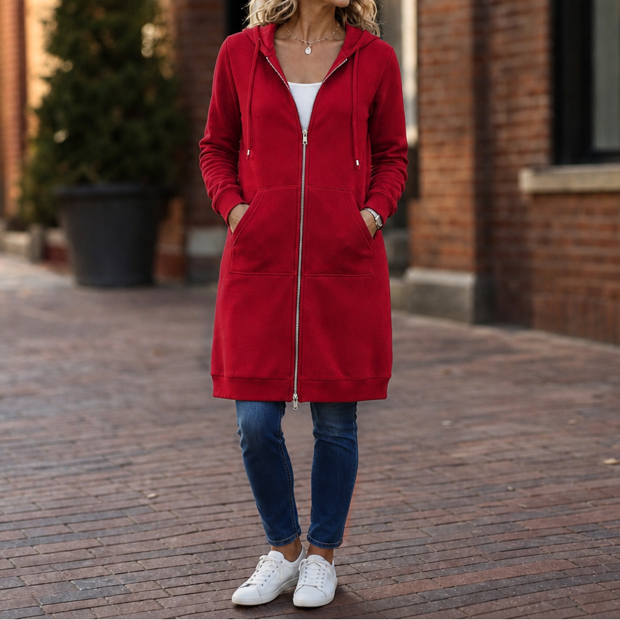 Wrapdown Long Hooded Jacket - Zip Up Women's Longline Coat