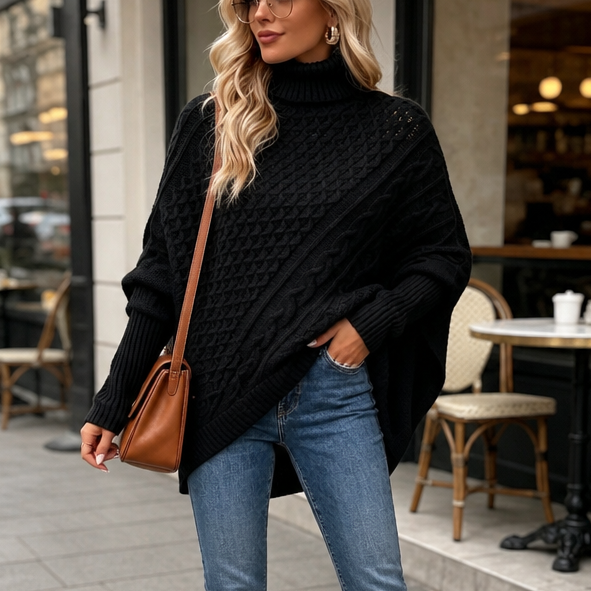 Cabelune Cable Knit Poncho - Women's Asymmetric Jumper