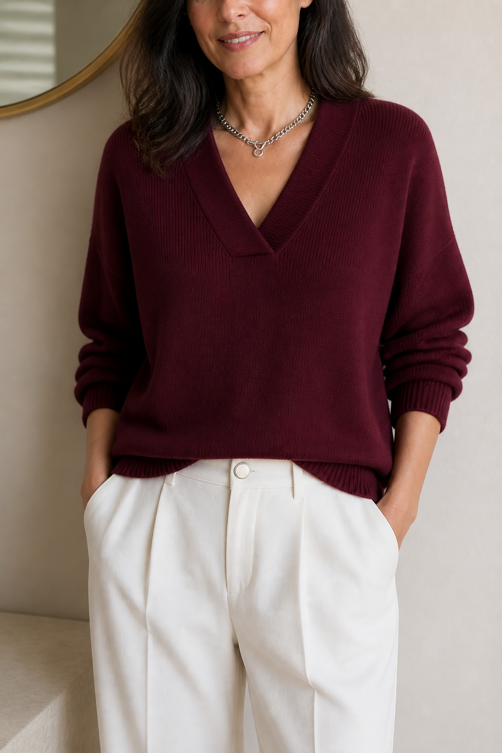 Softline - Ribbed V-Neck Relaxed Women's Knit Sweater