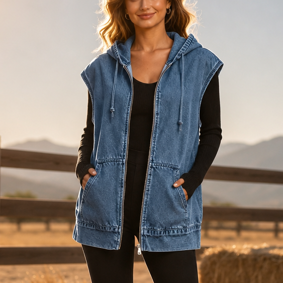 Wearbella Hooded Denim Look Vest - Women's Oversized Gilet