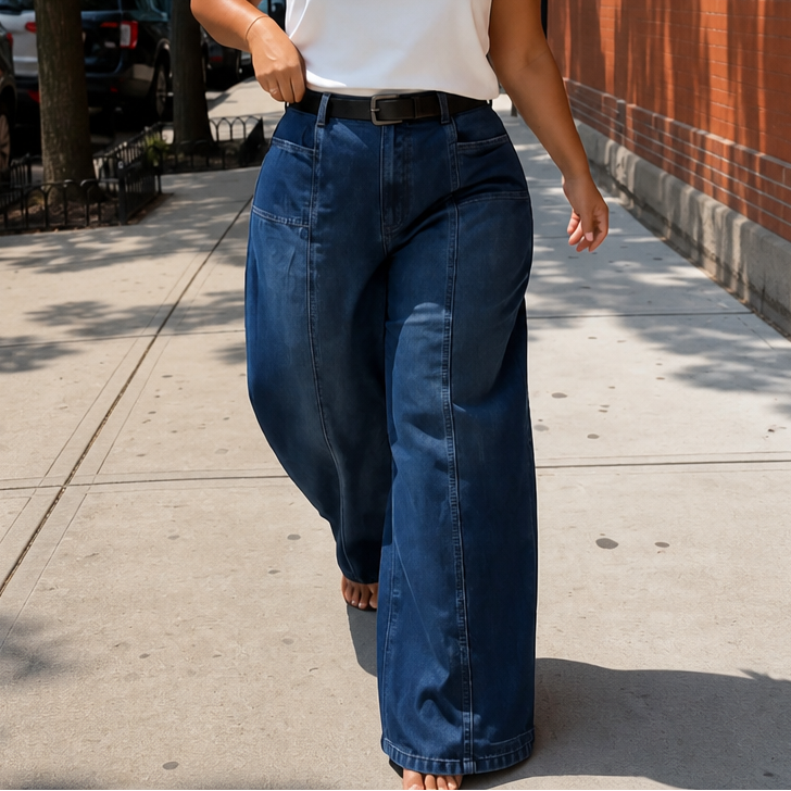 Longline Wide Leg Jeans - High Waisted Seam Women's Jeans