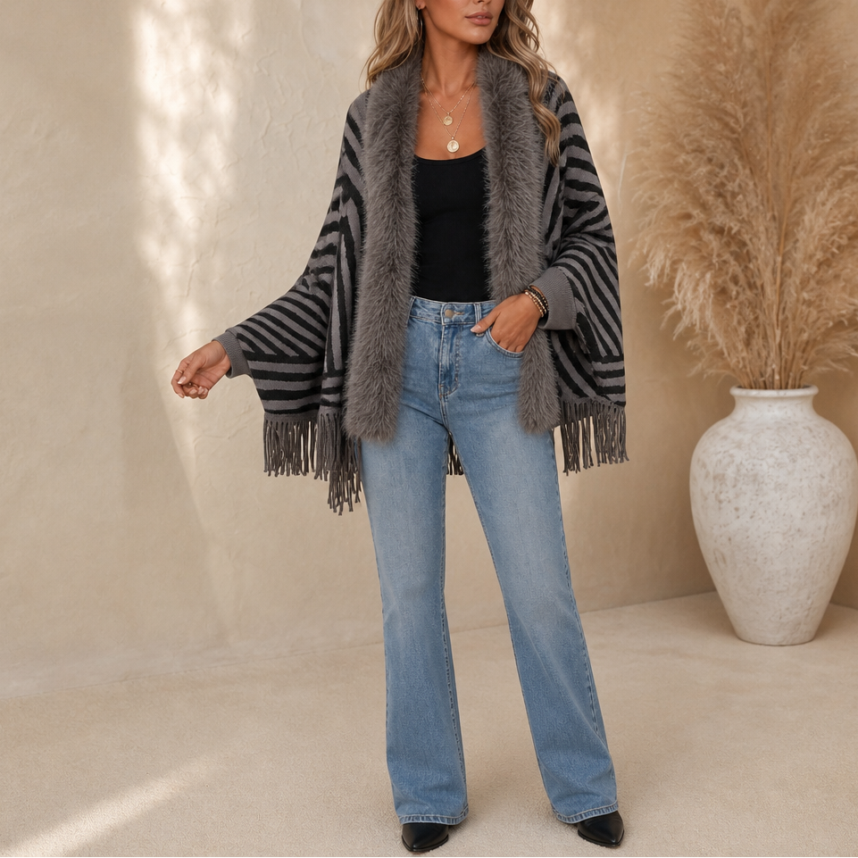 Velmora Fringed Poncho Cardigan - Women's Faux Fur Trim
