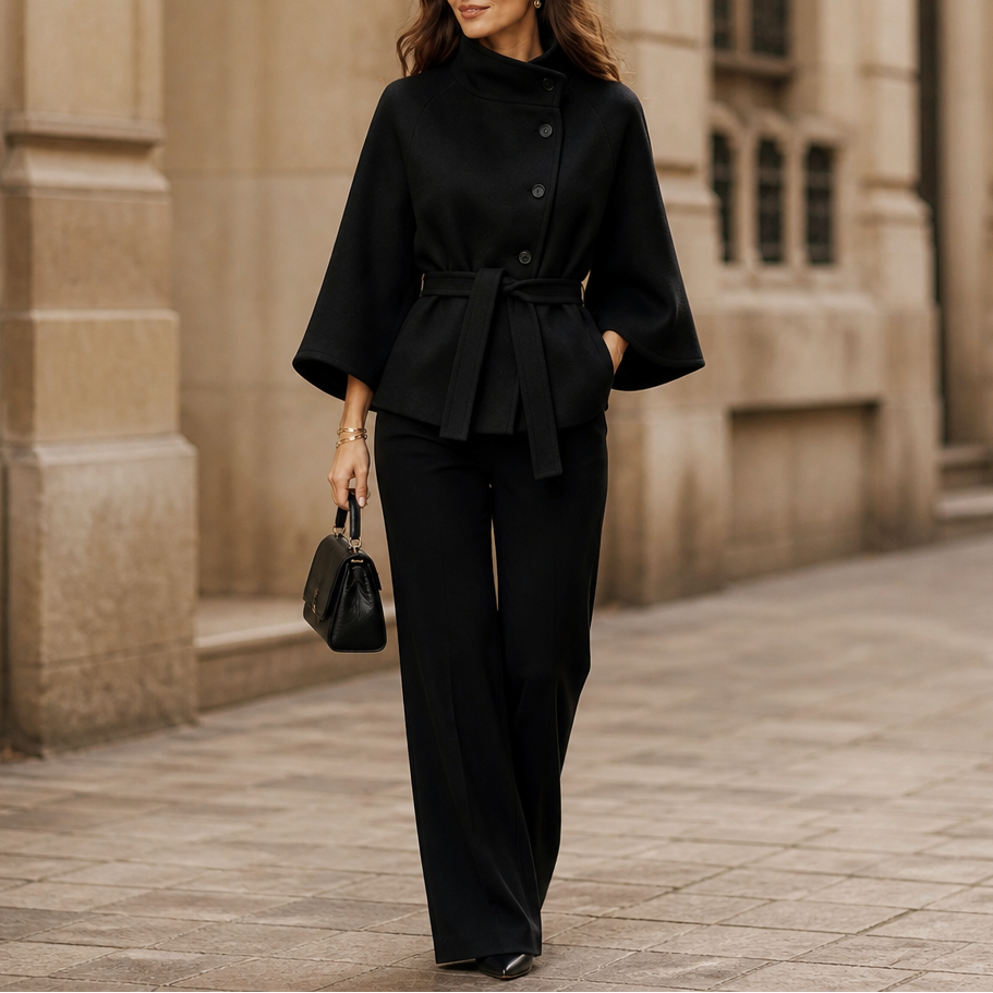Velora Belted High-Neck Jacket - Asymmetric Women's Jacket