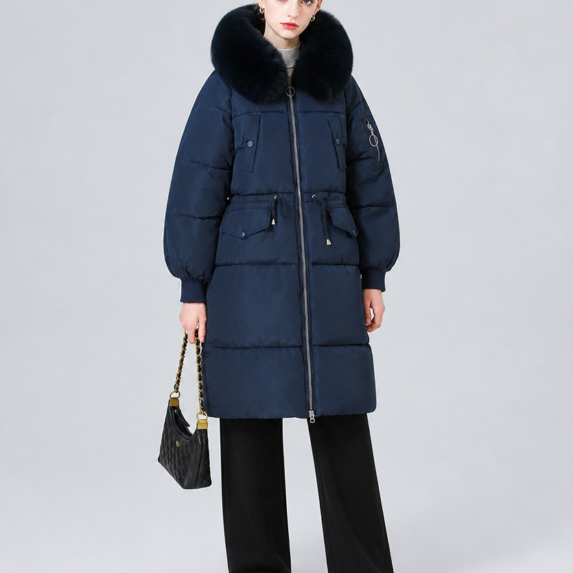 Veluna Padded Winter Coat - Plush Hood Trim Women's Coat