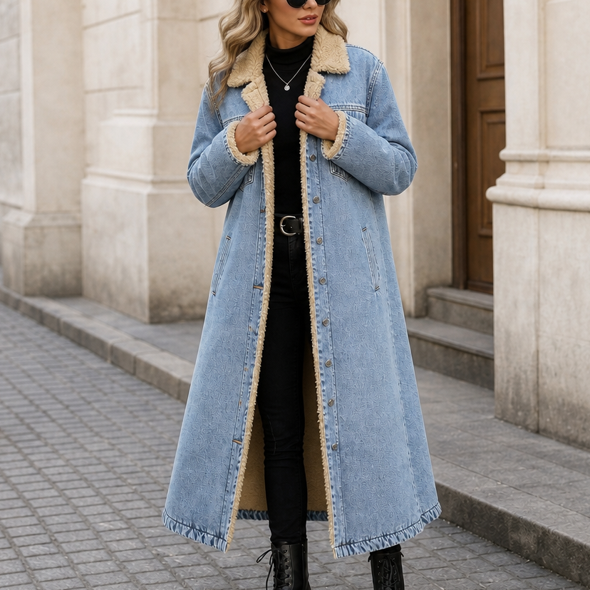 Denora Sherpa Lined Denim Coat - Women's Long Denim Coat