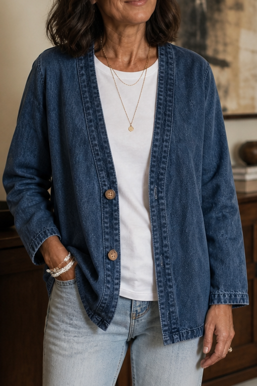 Corriveau Denim-Look Jacket - Washed V-Neck Women's Jacket