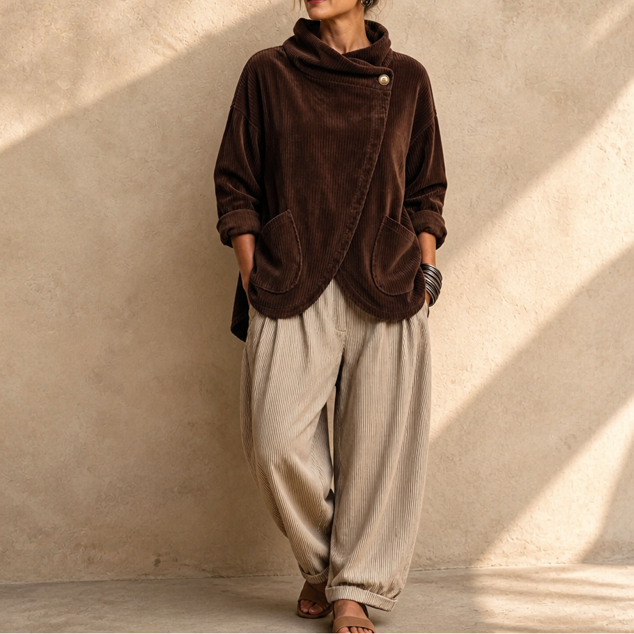 Draperly Corduroy Poncho - Hooded Women's Asymmetric Top