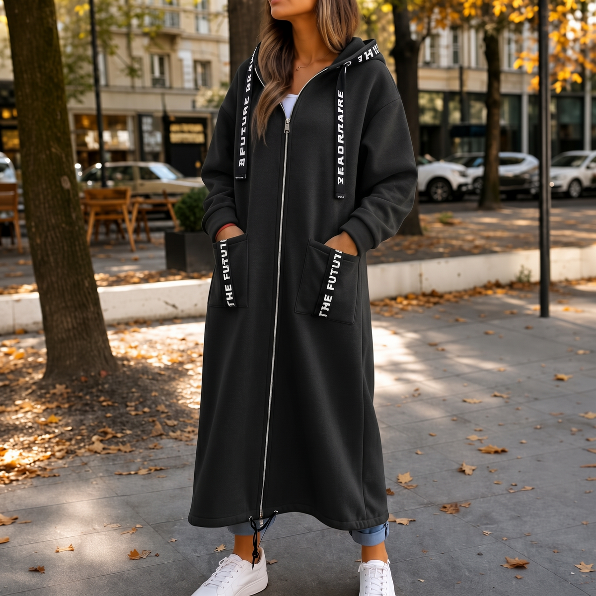 Wrapelle Long Hooded Jacket - Extra-Long Women's Zip Coat
