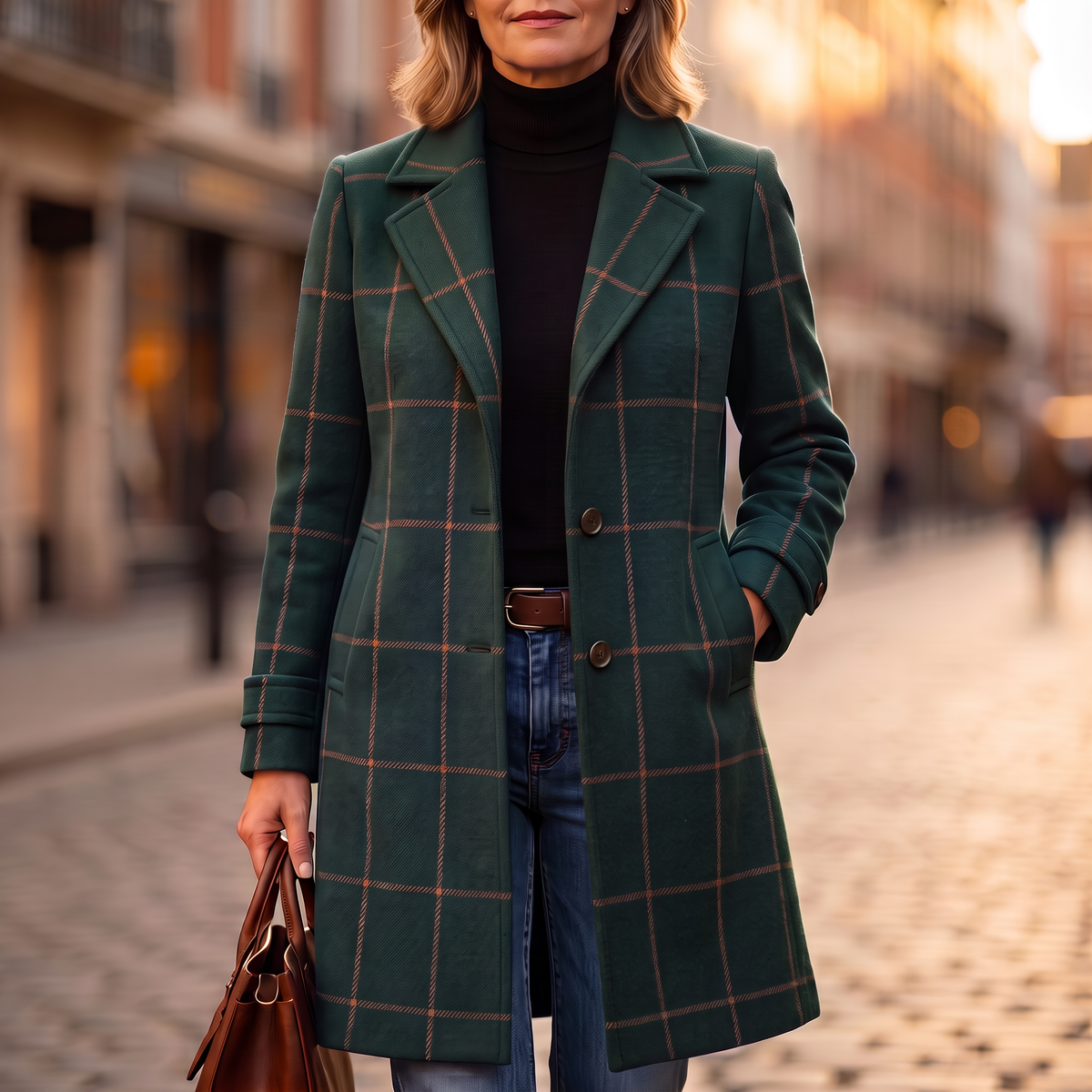 Checkwell Checkered Coat - Two-Button Women's Midi Coat