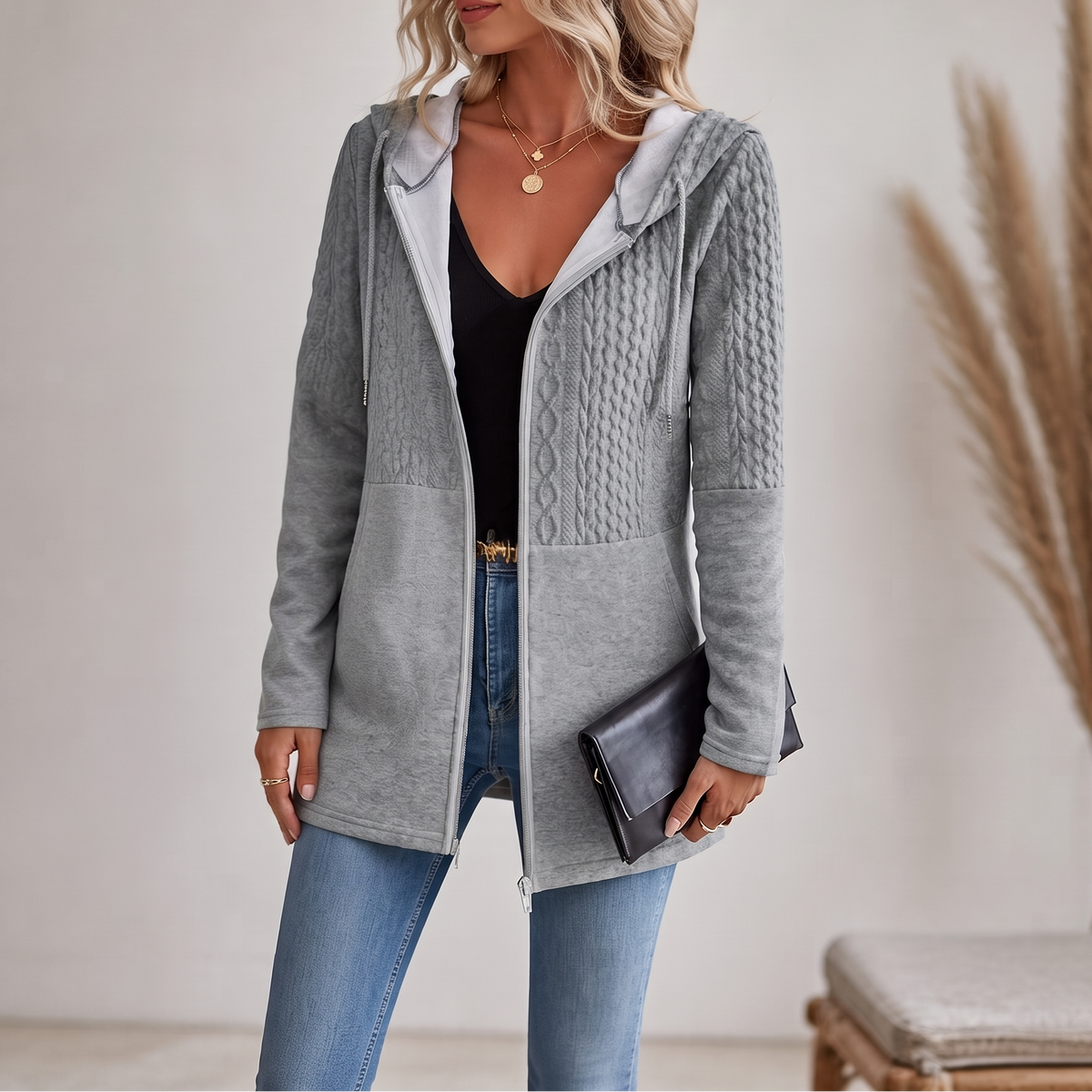 Wearbella Cable Knit Zip-Up Hoodie - Women's Longline