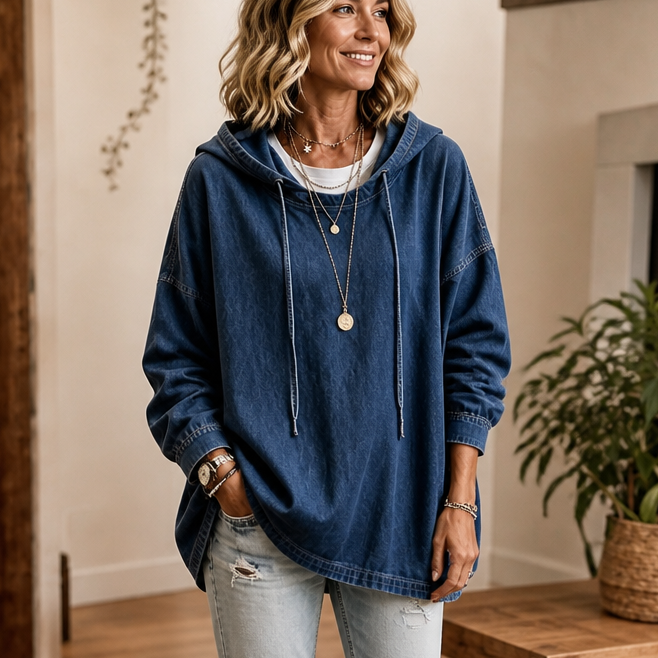 Denim Ease Oversized Hoodie - Washed Denim-Look Women's Top