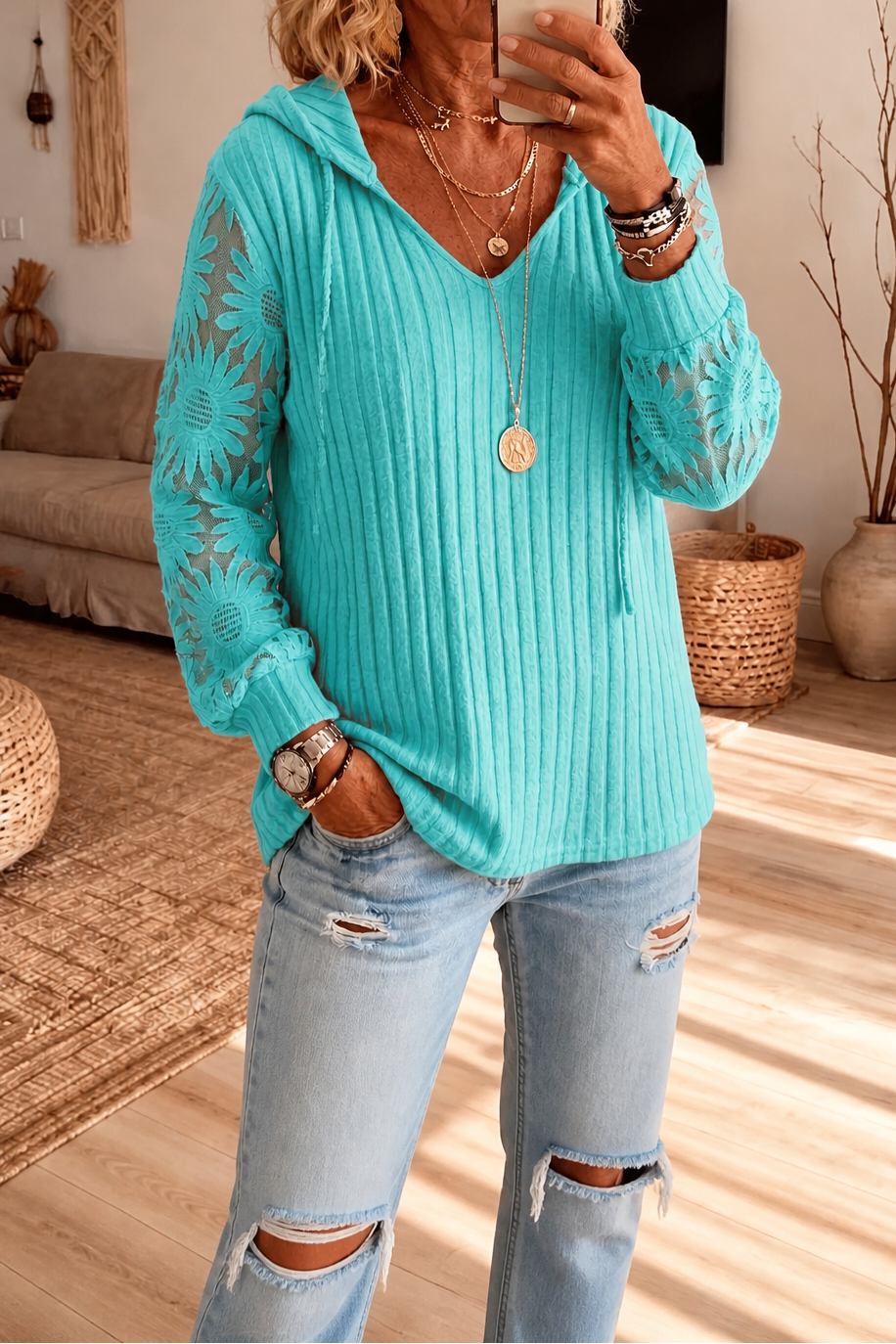Lunetta Lace Sleeve Hoodie - Women's Knit Cardigan