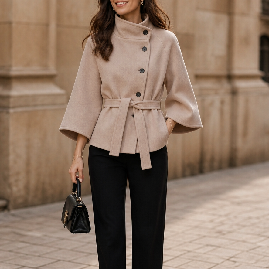 Velora Belted High-Neck Jacket - Asymmetric Women's Jacket