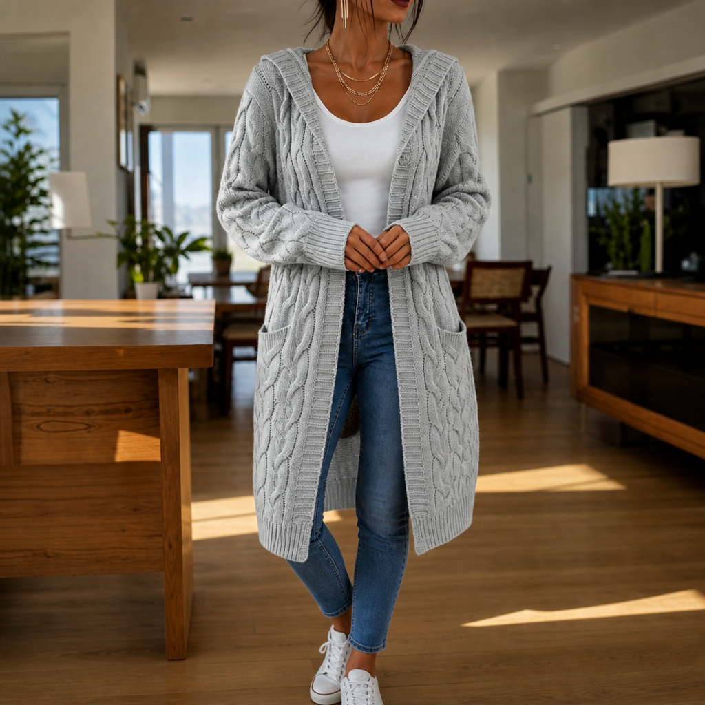 Wrapetta Cable Knit Cardigan - Women's Longline Hooded Knit