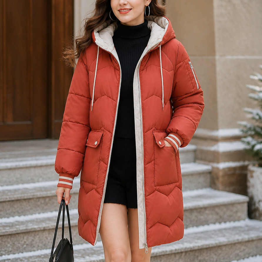 Cozyelle Puffer Coat - Hooded Mid-Length Women's Coat